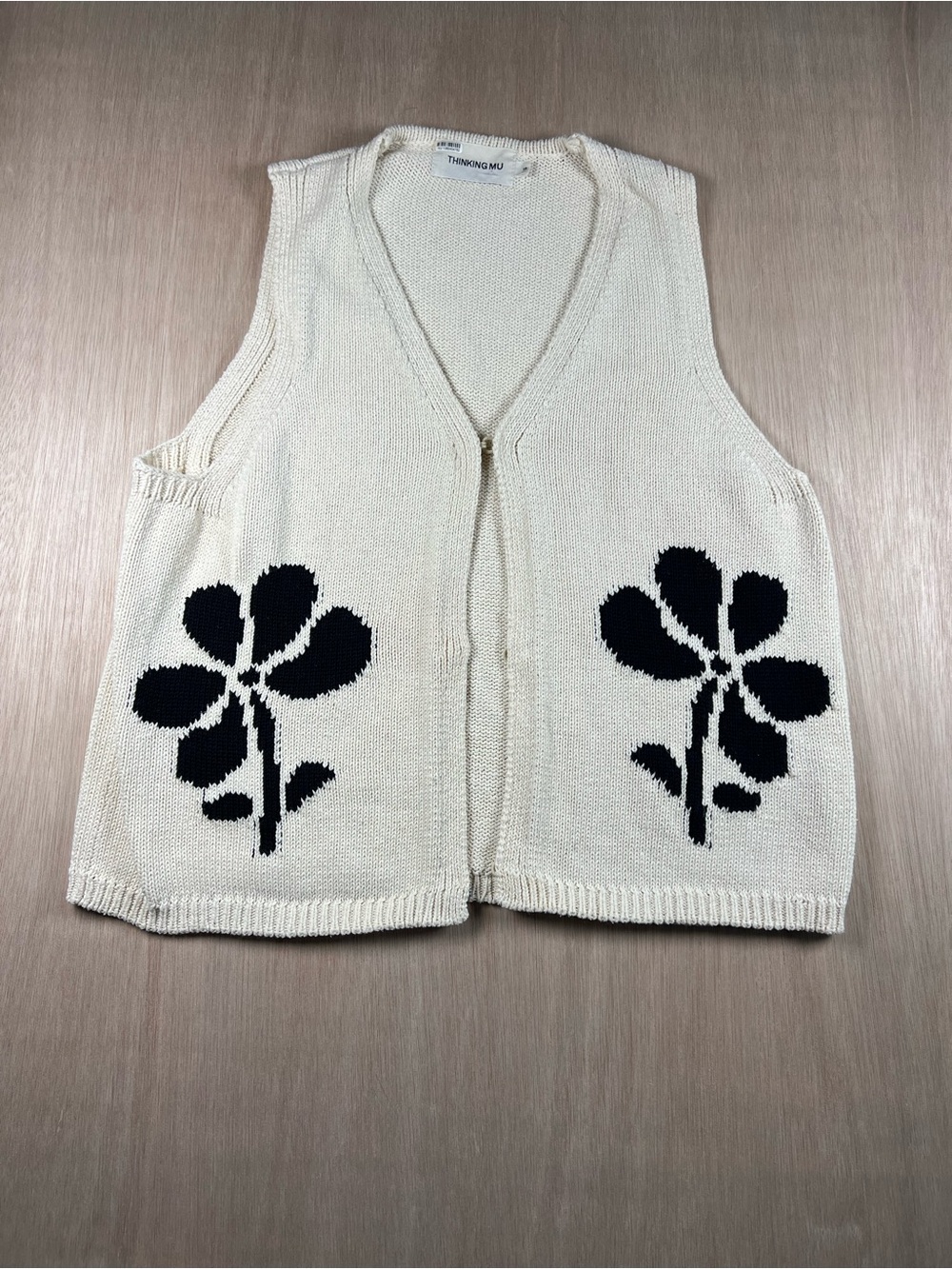 Thinking Mu Cream Knit Vest with Black Floral Motif